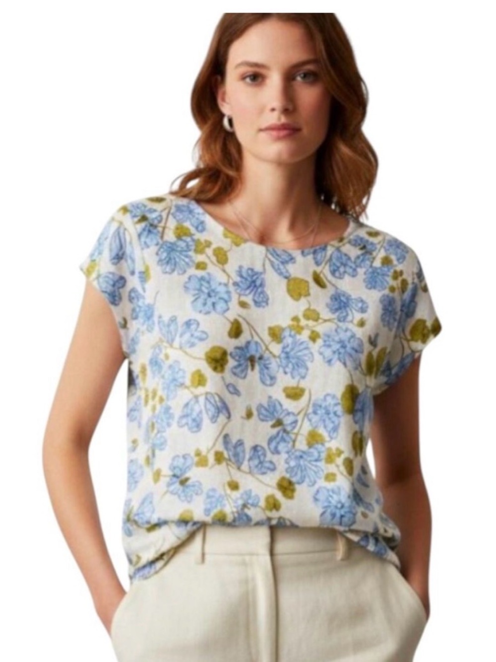 Joie 100% Linen Floral Short-Sleeve Top in White and Blue—Large
